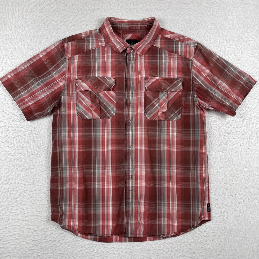 Prana Button Down Shirt Mens Large Red Plaid Organic Cotton Snap Front Granola